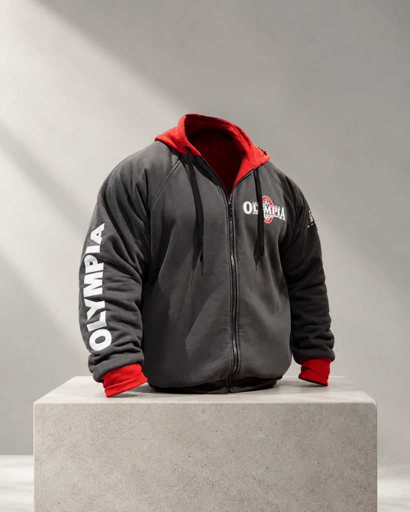 Sudadera con Capucha y Cremallera "Mr. Olympia" Edición Premium en Gris y Rojo - Ajuste Deportivo