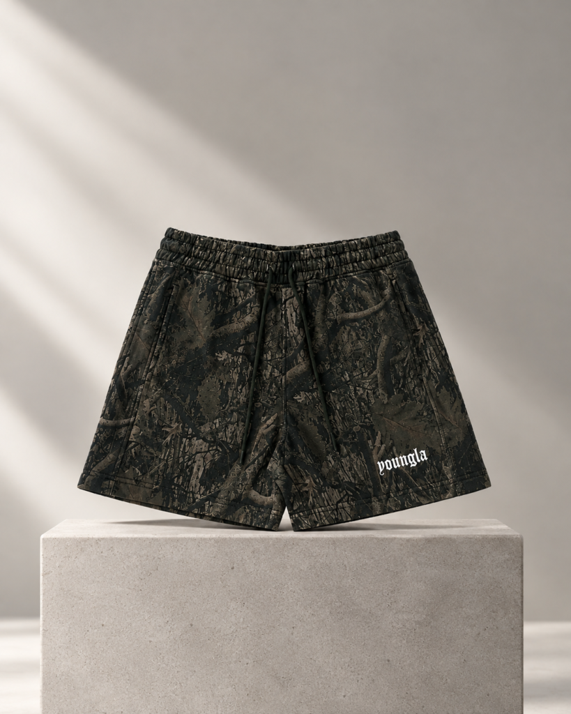 Shorts de Entrenamiento para Hombre con Estampado de Camuflaje Oscuro "Shadow Moss" - Colección "YoungLA"